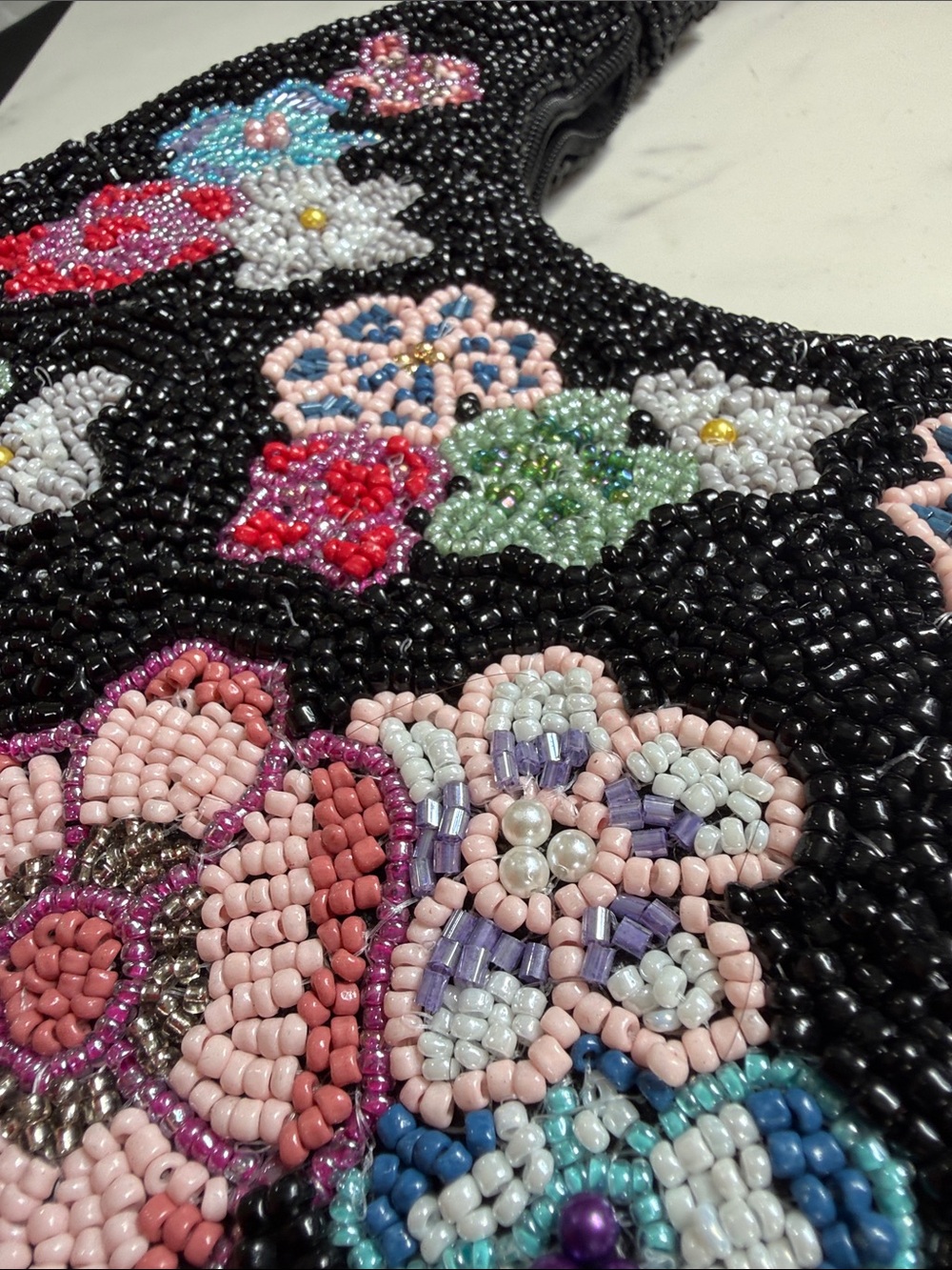 Beaded Floral Black Crescent Shoulder Bag - Picture 3 of 9